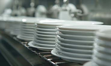 White plates lined up in rows on metal shelving, suggesting a professional kitchen AI generated