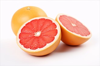Whole and halved grapefruit fruit on white background. KI generiert, generiert AI generated