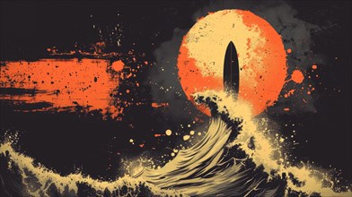 Moody abstract with a surfboard, large red sun, and wave featuring grunge elements, ai generated,