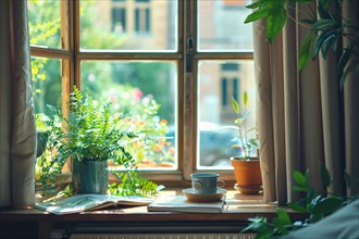 A serene setting with a coffee cup, book, and fern by a sunny window, AI generated