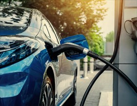 A blue electric car is charged at a public charging station, AI generated, AI generated
