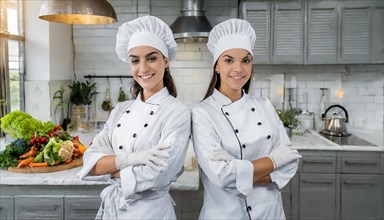 AI generated, Two attractive female chefs in the kitchen of a hotel