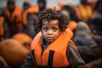 Young black child with orange safety vest crossing ocean in refugee boat. KI generiert, generiert