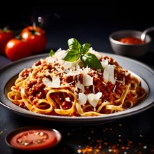 Handmade tagliatelle pasta drenched in a lavish bolognese sauce, AI generated