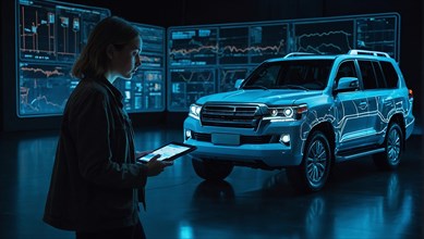 Engineer working with a holographic display of a modern 4x4 big SUV in an advanced design facility,