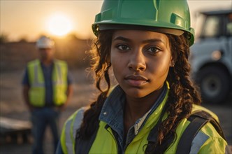 Close-up of a female worker in a green hard hat with the sunset behind her, blurry selective focus