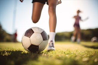 Leg's of woman in sport clothes kicking soccer ball on grass. KI generiert, generiert AI generated