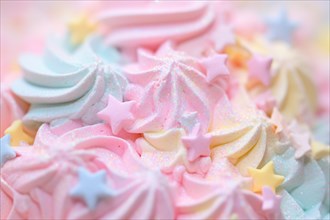 Close up fo pastel colored sugar swirls and sprinkles decoration for cake. KI generiert, generiert