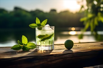 Classic mojito with fresh mint leaves resting on a weathered wooden dock calm lake waters