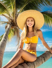 AI generated, A blonde girl enjoys a holiday in the Caribbean while sitting on a palm tree on the