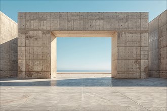 Expansive concrete structure with a central opening framing the horizon line under a blue sky, AI