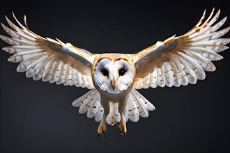 Barn owl in flight embodies mysterious and ghostly beauty, isolated in front of black background,