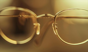 Gold-rimmed glasses centered in soft warm lighting, showcasing clean lines and simplicity AI