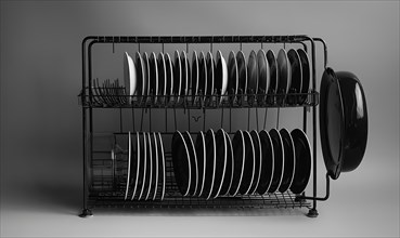 A modern black dish rack with neatly organized white plates on a gray background AI generated