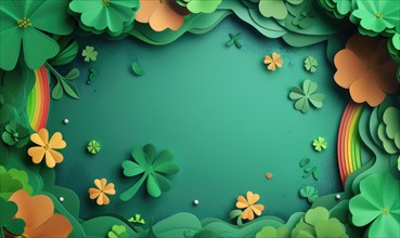 Gentle clover shapes in pastel tones with rainbows create a soft, textured green paper scene AI
