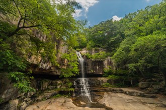 A breathtaking waterfall cascades amid lush foliage under a blue sky, offering a tranquil nature