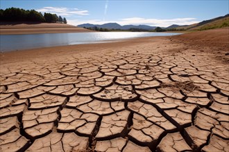 Dry cracked up earth with small dried up lake in background. Concept for drought and water shortage