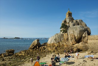Beach and chapel on rocks, Port Blanc, Cote de Granit Rose, Cotes d'Armor, Brittany, France, Europe