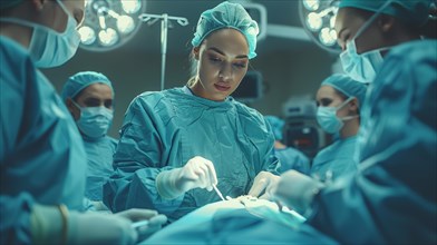 Concentrated female surgeon performing surgery with a team under bright operating room lights, AI