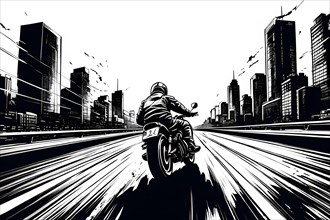 Fast biker in the city with skyscrapers, black and white line art, AI generated