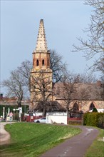 Prester Church, historic church with pointed tower, now a restaurant, Magdeburg, Saxony-Anhalt,