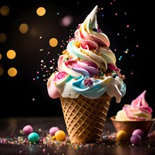 Whimsical unicorn ice cream sundae with rainbow swirls edible glitter and a golden horn, AI