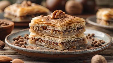 Chocolate drizzled baklava with almonds on a ceramic plate, ai generated, AI generated