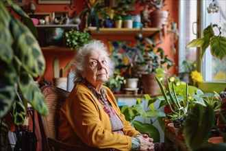 An elderly woman seated among indoor plants, gazing thoughtfully into the distance, AI generated
