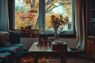 Warm-toned cozy room with plants on a table, autumn leaves inside, and a window view, AI generated