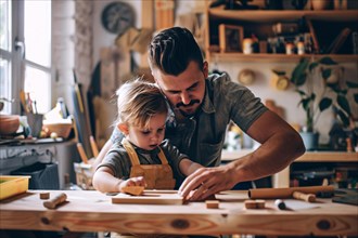 Father and son bonding over woodworking in a well-equipped workshop, AI generated