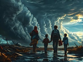 Families in mid evacuation clutching essentials dark ominous hurricane clouds in the sky, AI