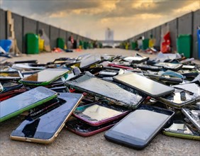Numerous damaged smartphones lying on the ground, a recycling centre scene in the background, AI