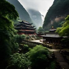 Shaolin monastery cradled by verdant foliage, AI generated