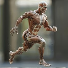 Three-dimensional anatomical model in a jumping pose with highlighted muscle structure, AI