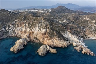 Steep coast at Kastanas Beach, aerial view, Milos, Cyclades, Greece, Europe