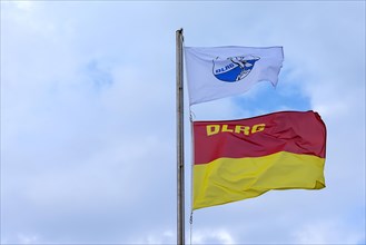 Waving flags of the DLRG, Deutsche Lebens-Rettungs-Gesellschaft, on the beach of Kuehlungsborn,