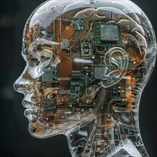 Medical a human head with brain and computer chip, symbol image KI in the human brain, ai