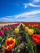 Multicolored tulips blanket an expansive field, AI generated