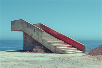 Red staircase against a calm sea and clear blue sky, exhibiting minimalist architecture, AI