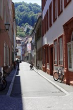 Narrow alley with orange-coloured houses and parked bicycles on a sunny day, Heidelberg,