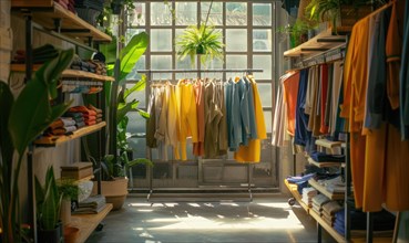 Cozy boutique interior bathed in warm light, showcasing a variety of fashionable garments AI