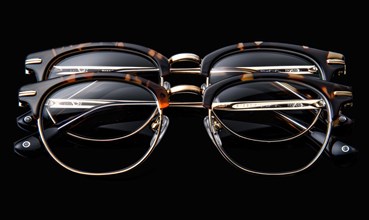 Two stylish double bridge eyeglasses with black and transparent frames side by side AI generated