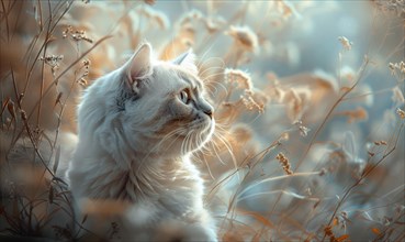 A calm cat in nature with a soft bokeh effect and pastel color palette AI generated