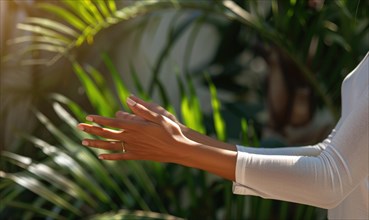 Sunlight filters through a woman's hand surrounded by green foliage AI generated