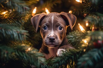 Cute young dog puppy in Christmas tree with electric lights. KI generiert, generiert AI generated