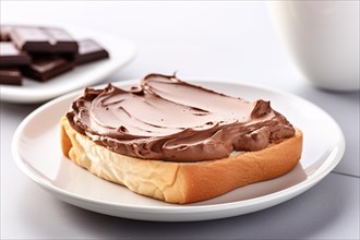 Single slice of toast bread with chocolate spread on white plate. KI generiert, generiert AI