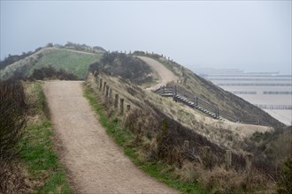 A path leads through dunes to the beach, next to it a wooden staircase