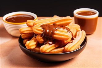 Bowl with Chrros snack with chcolate and caramel sauce. KI generiert, generiert AI generated