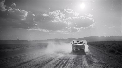 A car kicking up dust on a desolate desert road under a bright sun and scattered clouds, AI
