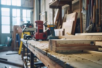 Carpentry workshop scene with focus on tools and sawdust, emphasizing detailed woodwork, AI